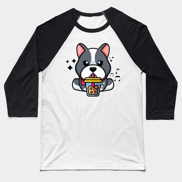 Cute bulldog drinking boba milk tea cartoon Baseball T-Shirt by Wawadzgnstuff